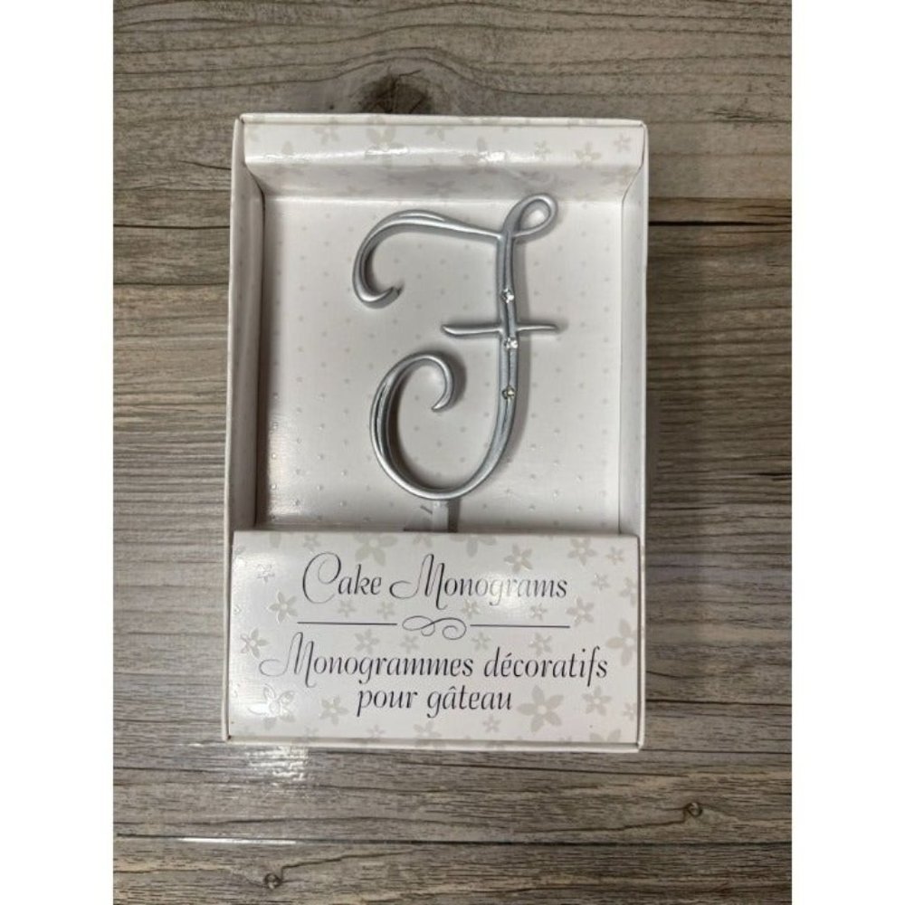 Wedding Small F Silver Finish Monogram Initial Rhinestones Cake Topper